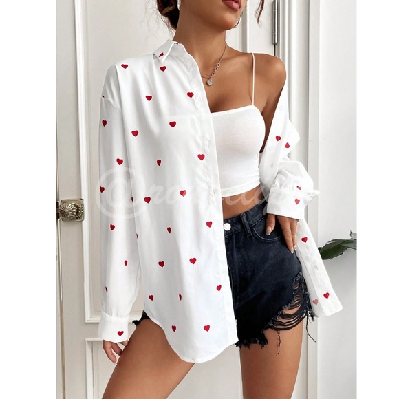 White Casual Shirt Red Hearts Printed Button Down Up Long Sleeve - Picture 1 of 7